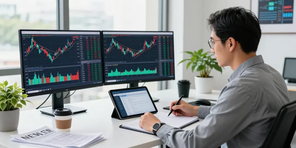 Stock analyst using US stock backtesting data API in a modern finance office.