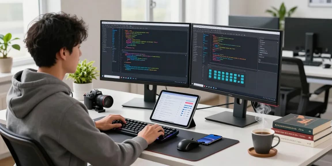 Developer coding at telegraimin.com workspace with modern tech setup and green plants.