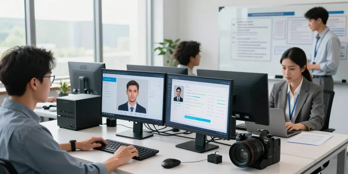 Age verification system in action with professionals analyzing biometric data and compliance regulations in a modern office.