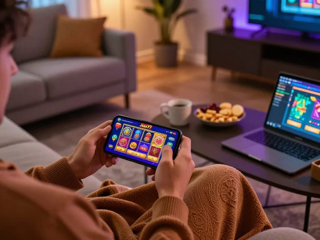 Engaging online slot game experience at Jus77 on a smartphone in a cozy home.