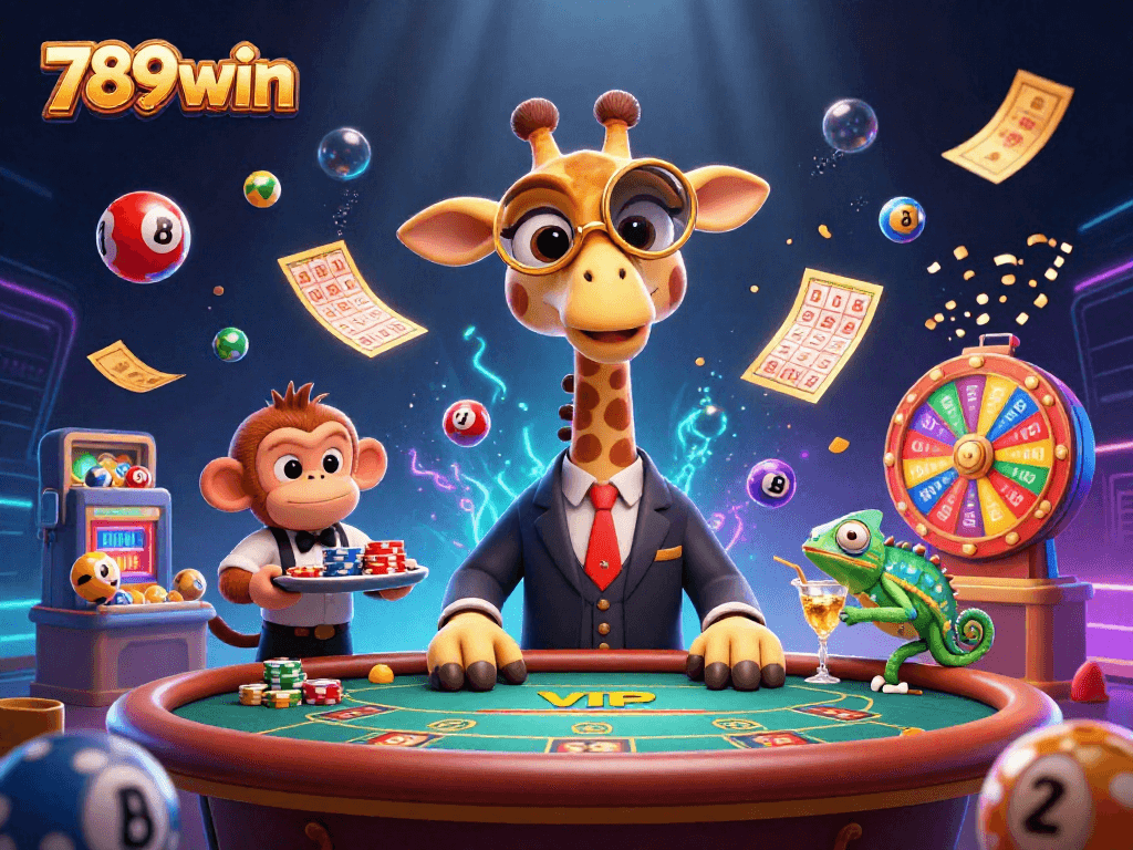 Experience dynamic gaming fun at 789win with vibrant lottery balls, colorful decor, and casino characters.