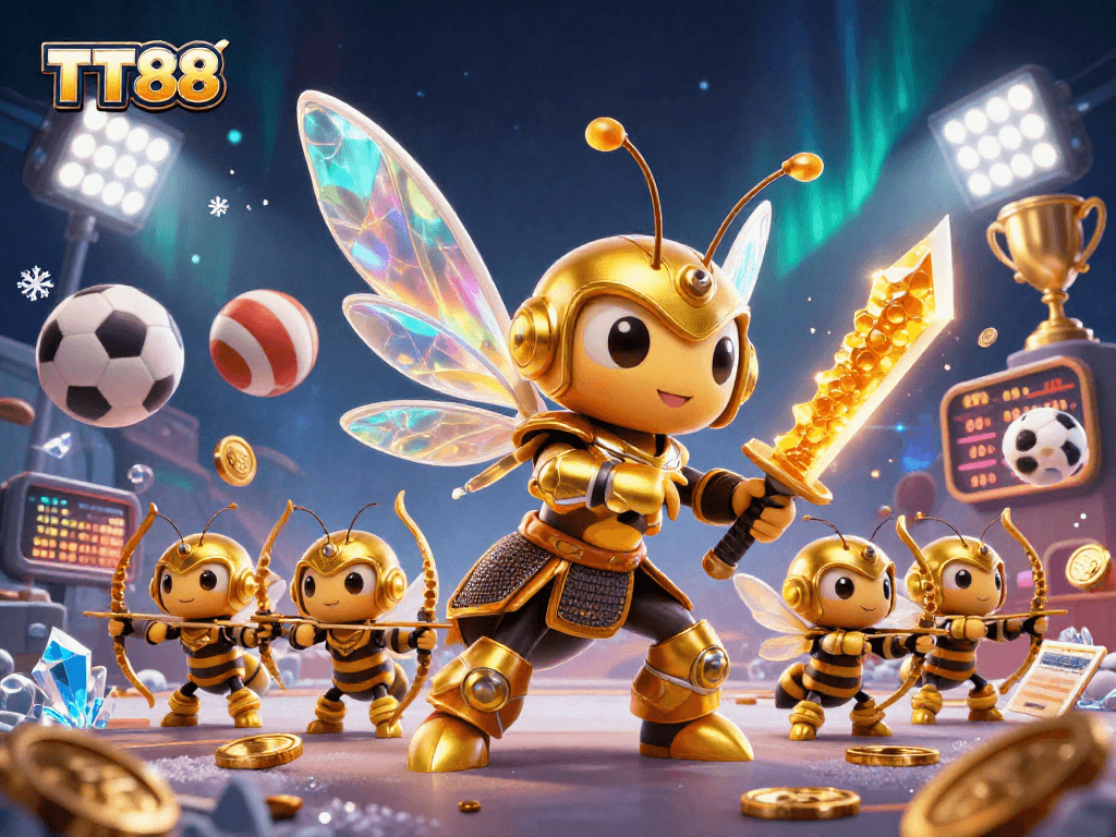 TT88 entertains players with a dynamic casino-themed illustration featuring golden hornet warriors and sports elements.