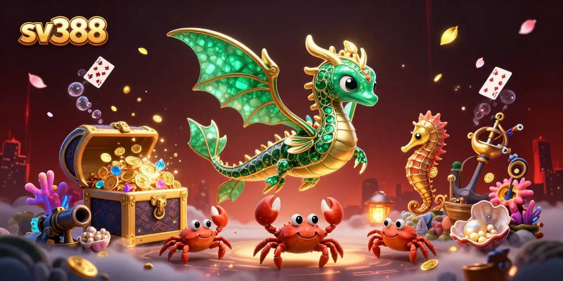 Experience thrilling gameplay with sv388, featuring vibrant sea dragon and crabs amidst casino treasures.
