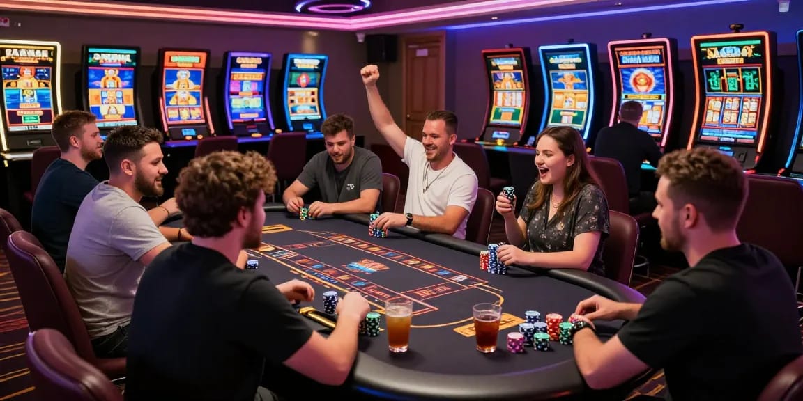 Experience the exciting atmosphere of credit card casinos UK with players enjoying gaming and vibrant neon lights.