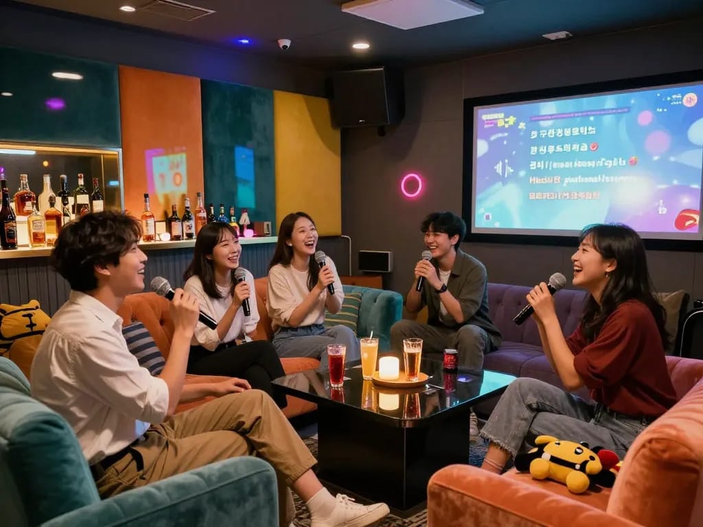 친구들과 함께 음료와 활기찬 장식이 가득한 개인 노래방에서 서구청쓰리노의 생동감 넘치는 분위기를 즐기고 있는 모습.