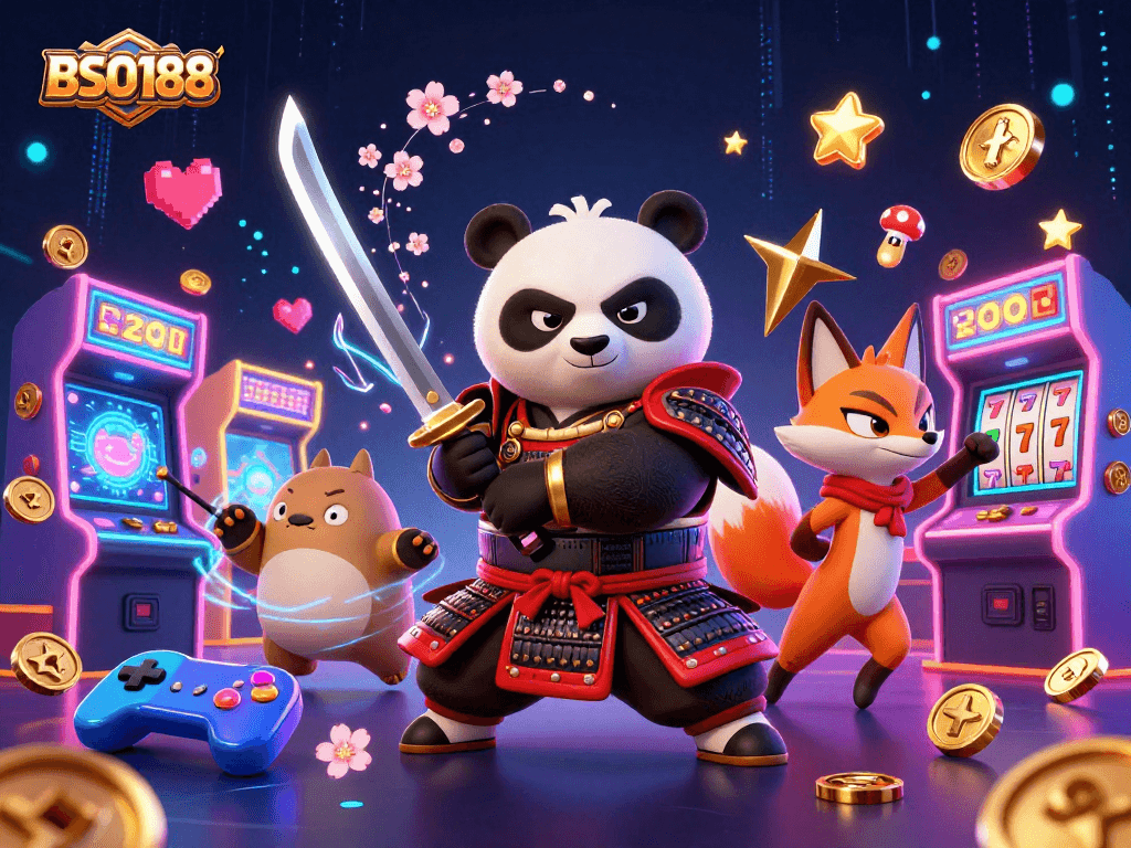 Engage with BSO188's thrilling gaming scene featuring samurai panda and ninja fox in action.