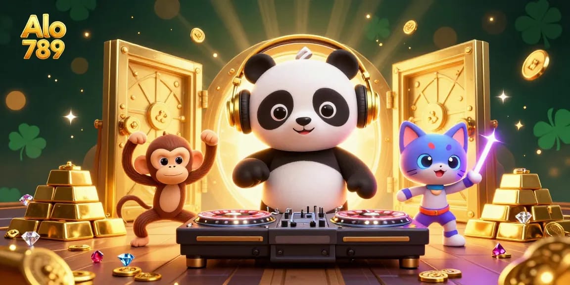Alo 789 showcases an exciting scene with cartoon characters and dynamic gambling elements, highlighting casino fun.