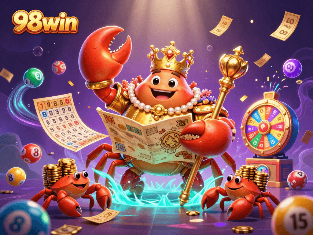 Experience exciting wins at 98win with a vibrant 3D crab emperor ruling a colorful gambling kingdom.