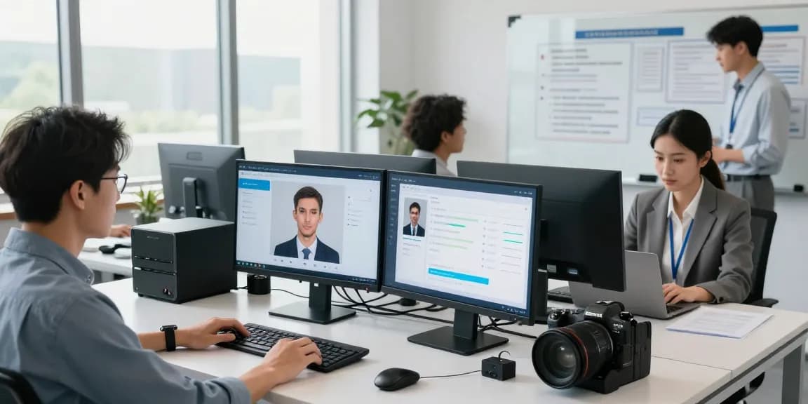 Age verification system in action with professionals analyzing biometric data and compliance regulations in a modern office.