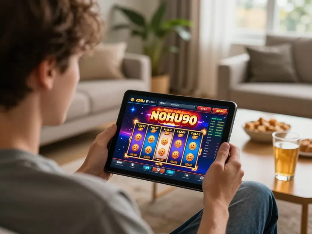 Nohu90 player engaging with vibrant slot games while enjoying a cozy home atmosphere