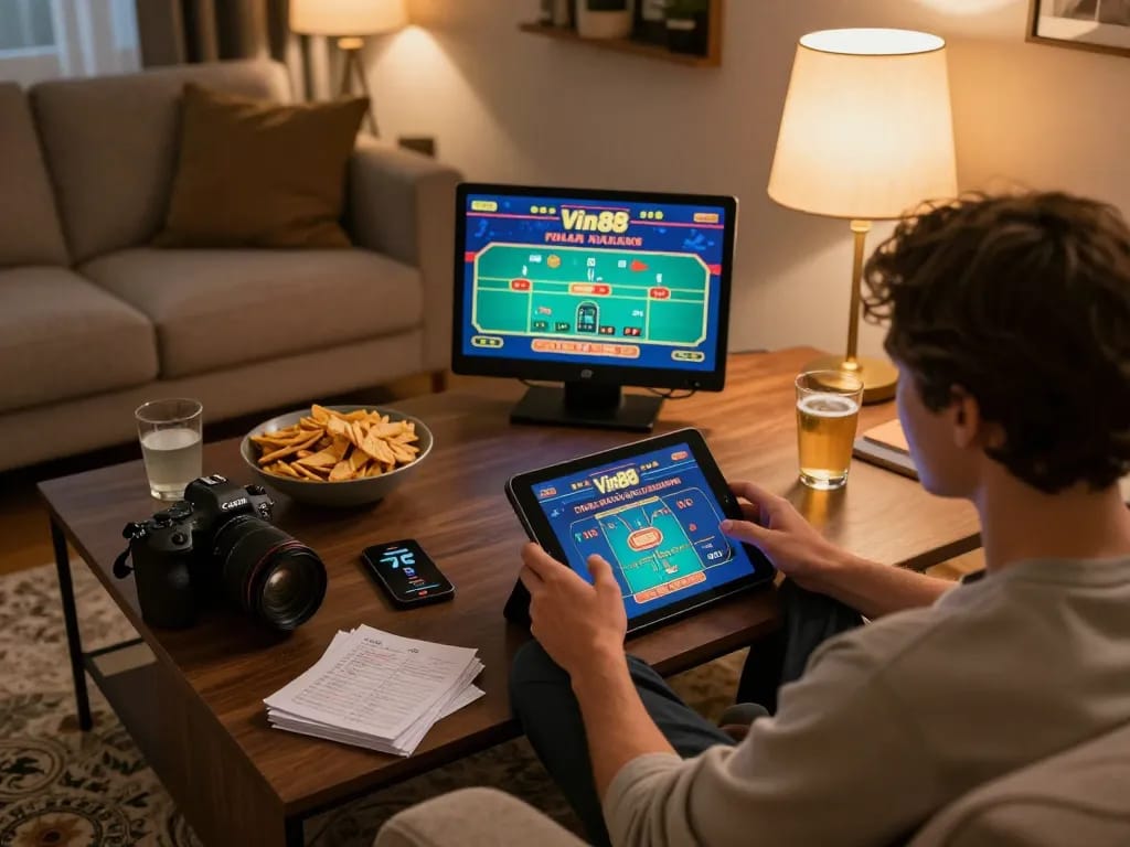 Engaging gaming at home with Vin88 app on tablet, snacks nearby, creating a relaxed gambling environment.