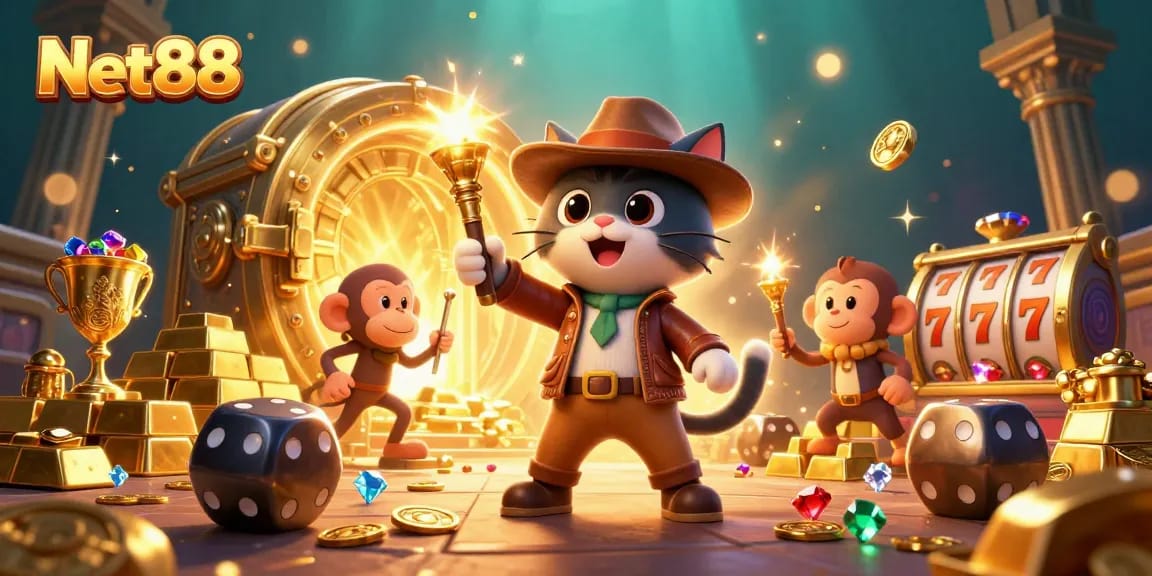 Net88 offers thrilling slots action with an adventurous cat and monkey in an ancient treasure scene.