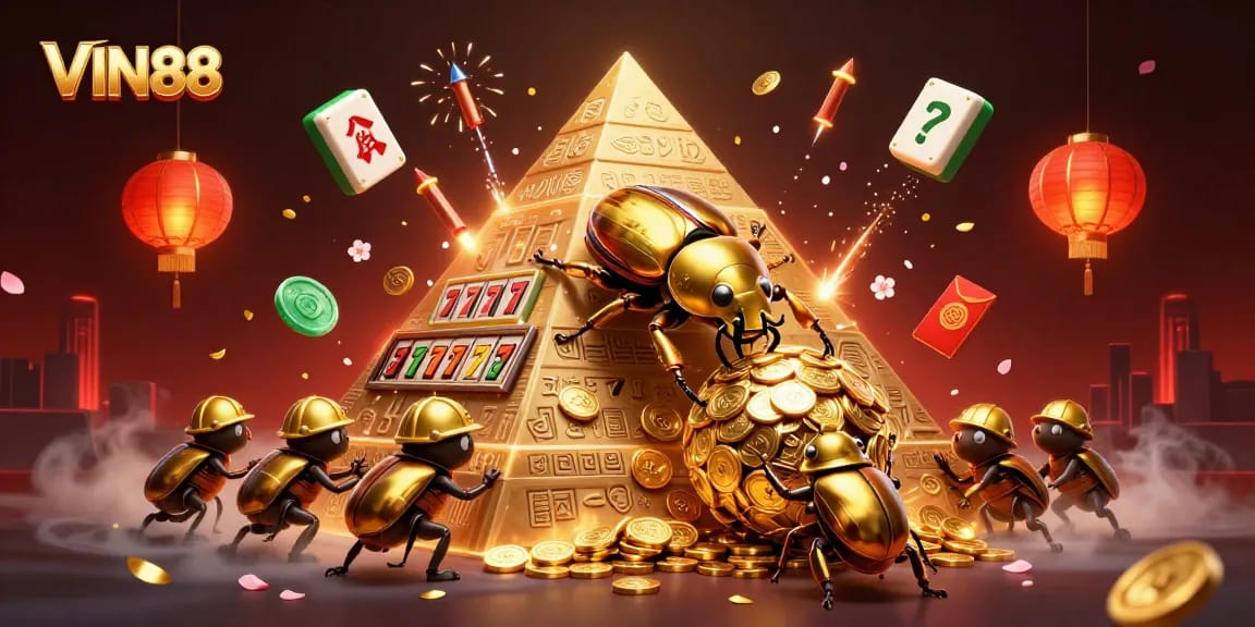 Experience the thrilling excitement of VIN88 as cartoon beetles roll golden coins amidst slot reels.