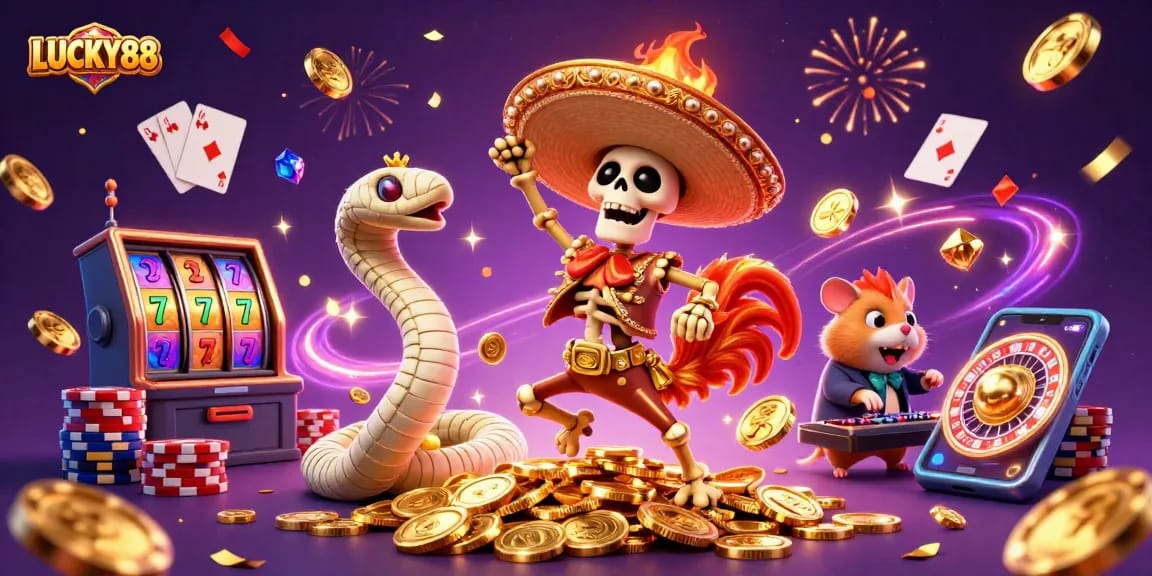 LUCKY88 slot game scene featuring a mariachi rooster and dynamic gaming elements.