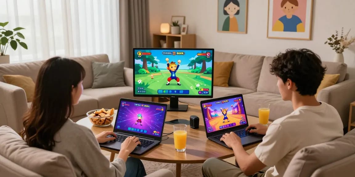 Couple enjoying engaging HTML sex games on various devices in a cozy living room.