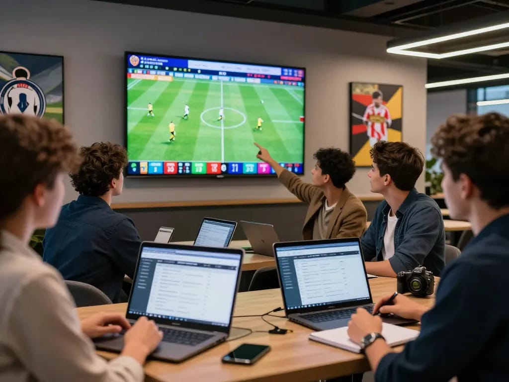 Exciting scene of individuals discussing Keo nha cai and football betting strategies in a modern lounge.