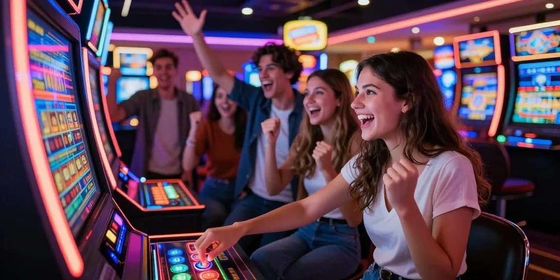 Exciting moment at a pin up casino with friends around a slot machine, vibrant atmosphere, bright neon lights.