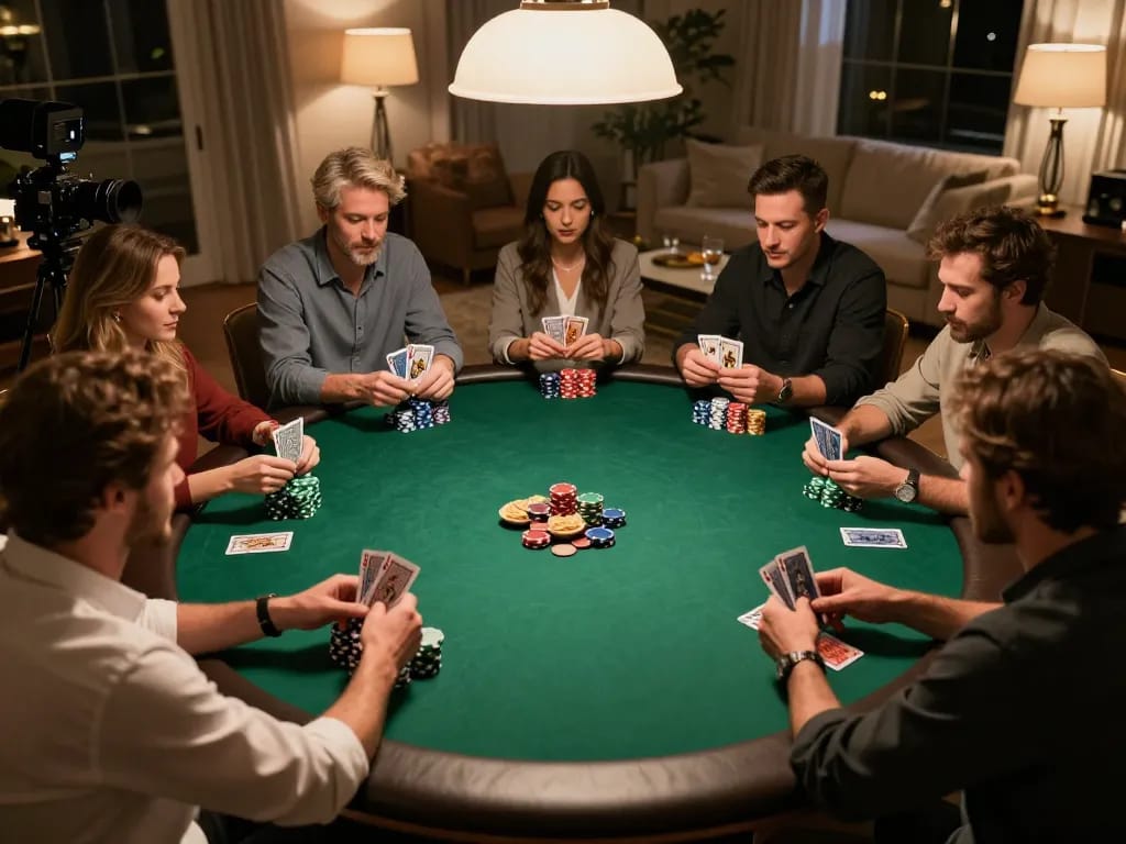 Players engaging in an exciting poker game at home using the 888bgo casino app, showcasing an intimate and friendly atmosphere.