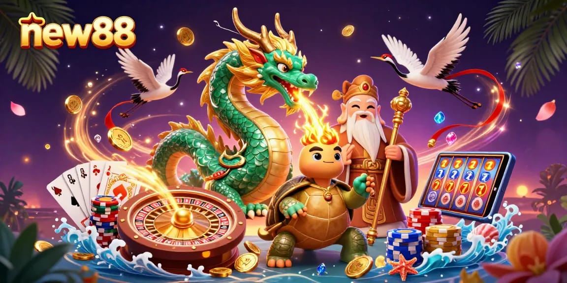 Engage with new88 as the emerald dragon breathes fire in a vibrant casino atmosphere.