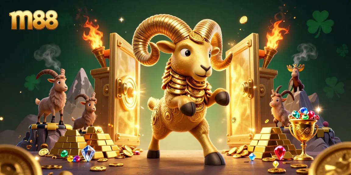 Bet on m88 with a golden ram charging through a treasure vault surrounded by riches and excitement.
