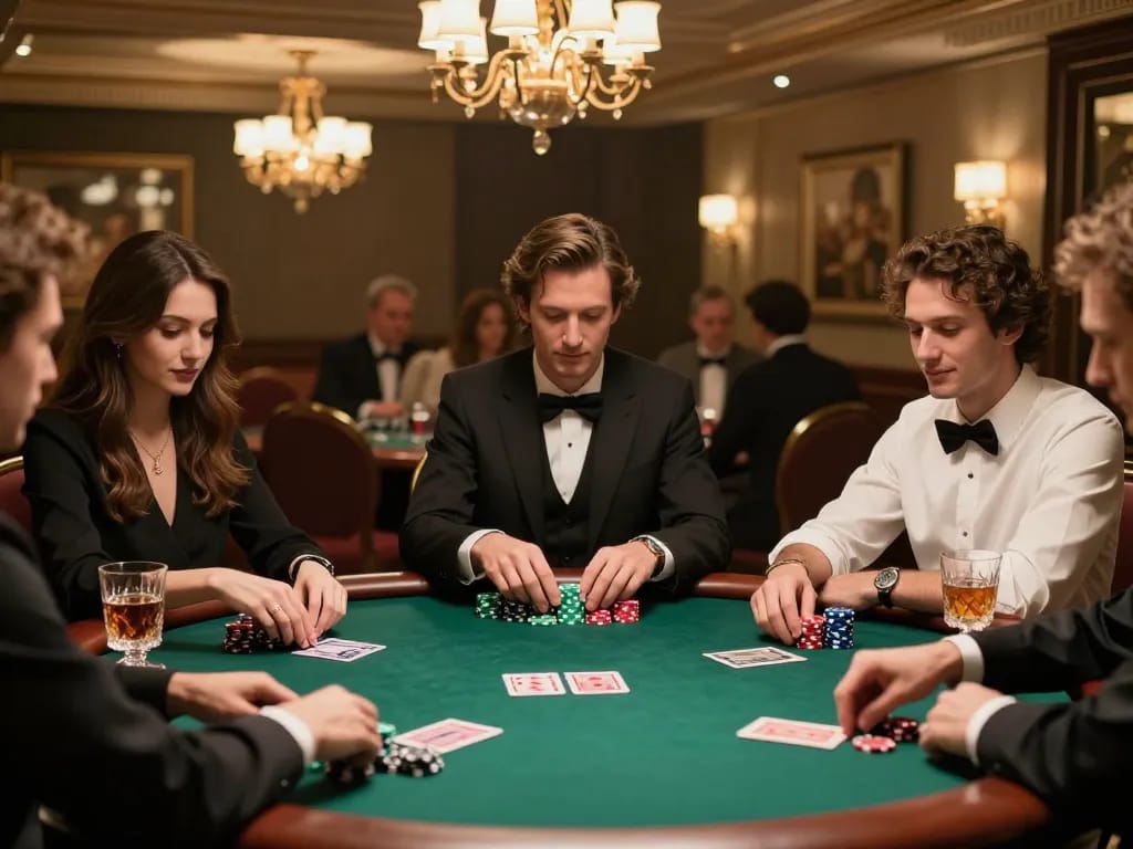 Jouer au poker dans un cadre luxueux lors d'une partie privée, mettant en avant le frisson du casino en ligne français.