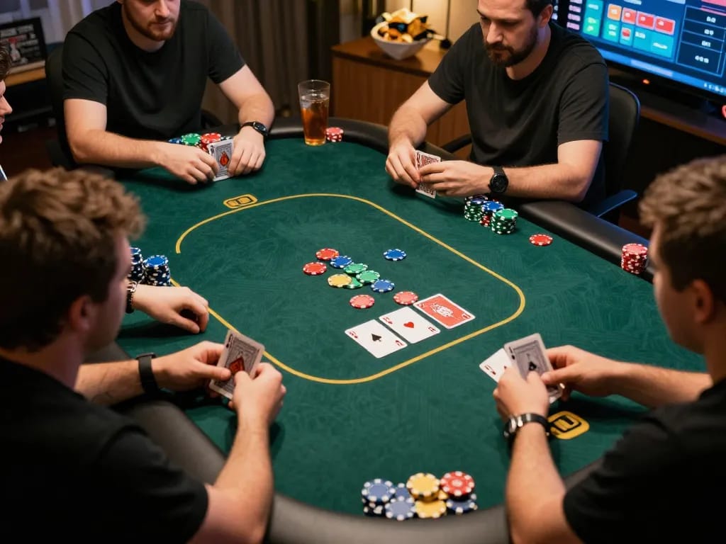 Players placing bets in an online poker game at RR88, showcasing vibrant gaming atmosphere and strategic gameplay.
