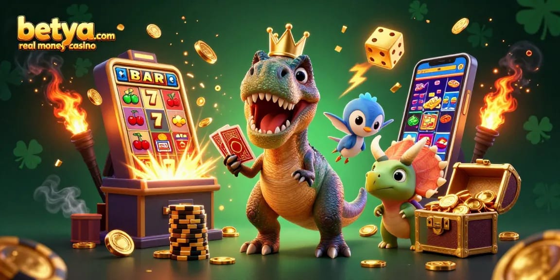 Experience fun at betya.com real money casino with cartoon dinosaurs in a vibrant gaming scene.
