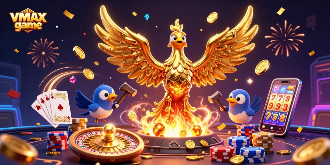 Experience vmax game with a dynamic scene featuring a golden phoenix, coins, and vibrant casino elements.