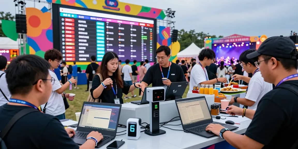 Event management control system showcasing efficient access management with control de acceso con pulseras technology, vibrant festival atmosphere.
