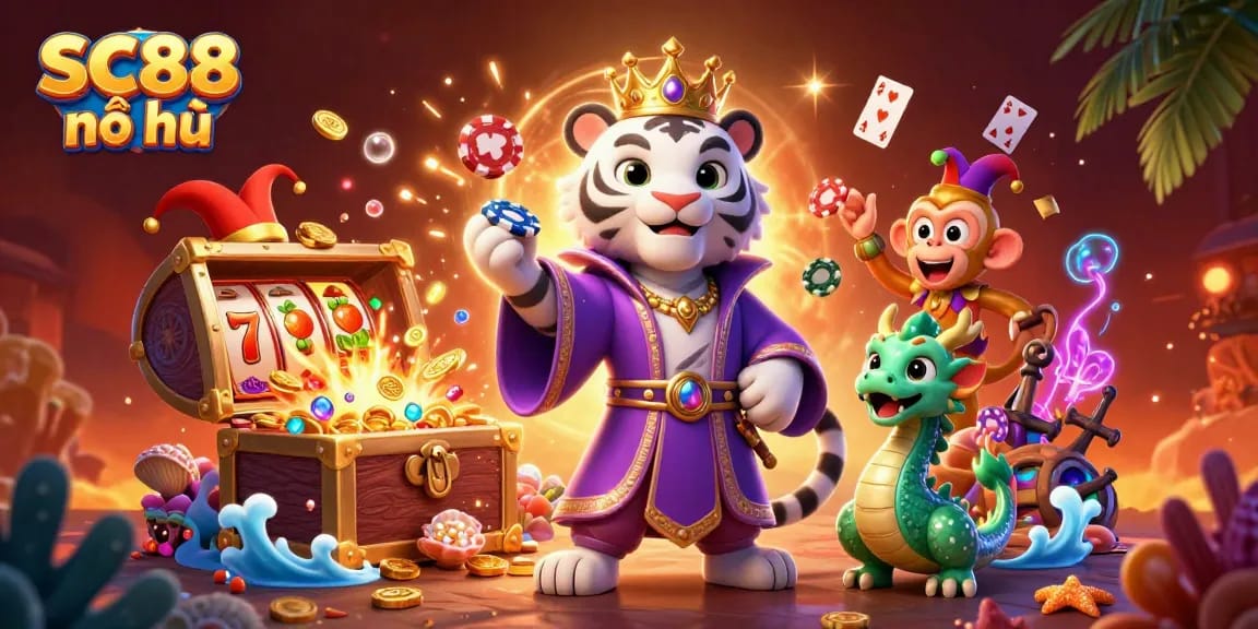 Experience SC88 nổ hũ with vibrant illustrations showcasing slot reels, exciting jackpots, and playful characters.