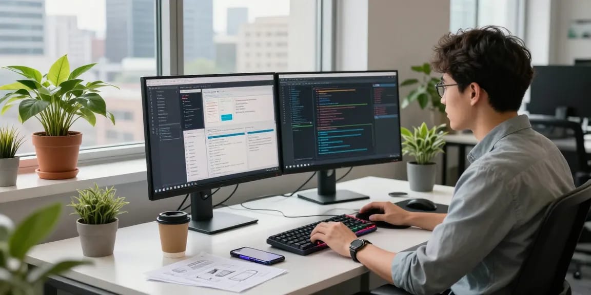 software developer working on code in a modern tech office at teiegramin.com