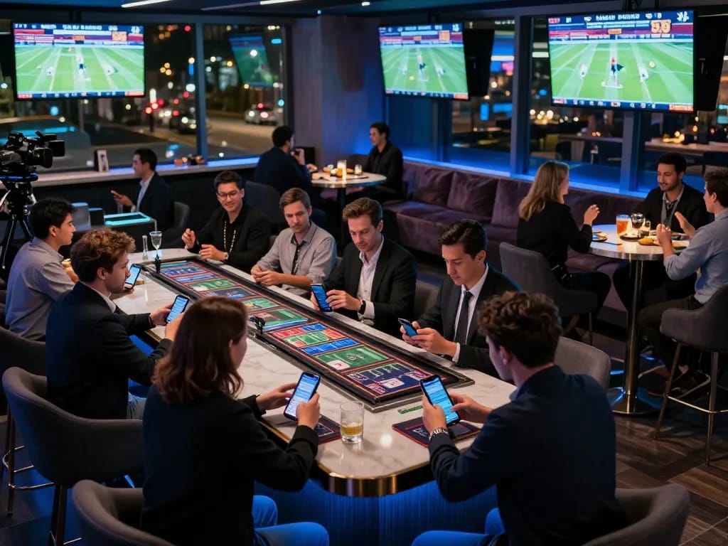 Gamblers engaging in keonhacai mobile betting while enjoying drinks in a lively sports lounge.
