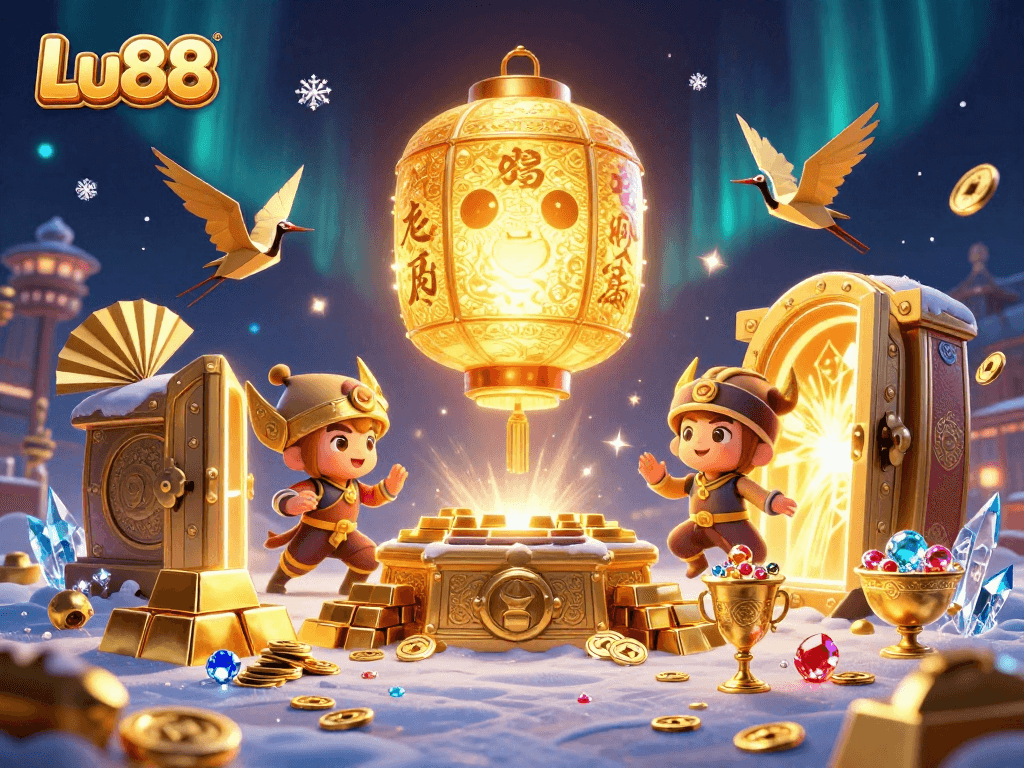 Experience the vibrant casino world of Lu88 with golden treasures and animated spirits.