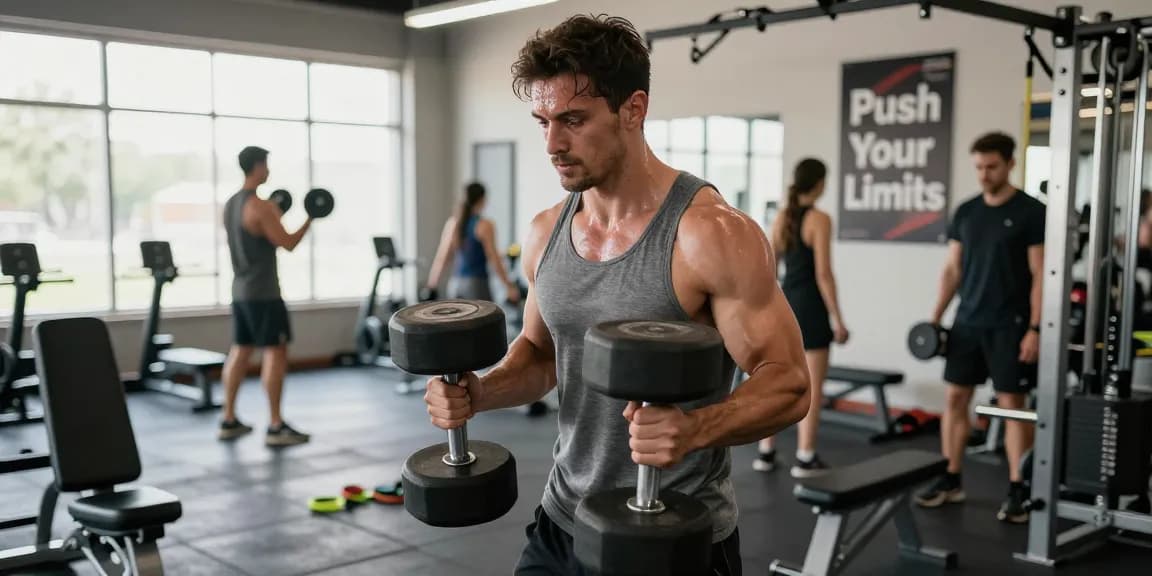 Focused workout at Anabolika Shop gym featuring a bodybuilder lifting weights.