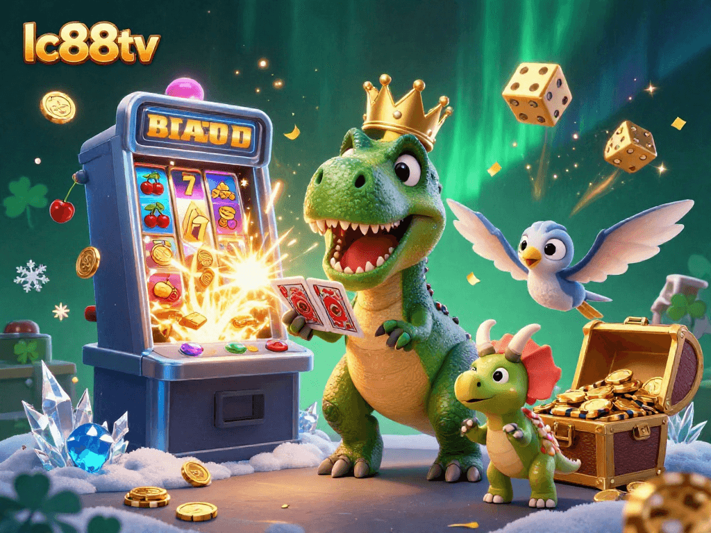 Engage in thrilling slots action with lc88tv's vibrant casino scene showcasing animated characters.
