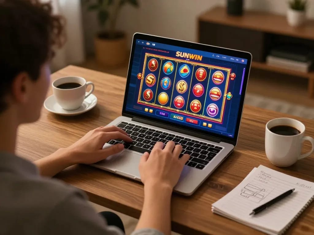 SUNWIN player engaging in strategic online gaming with vibrant slot interface on laptop