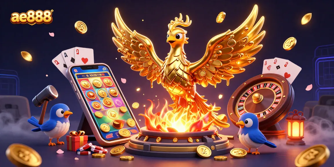 Experience the excitement of ae888 with a lively 3D scene showcasing the golden phoenix and engaging casino elements.