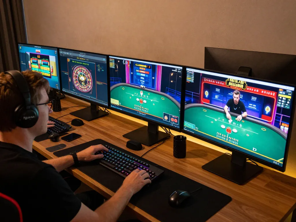 Engaged player experiencing rr88 online poker, vibrant gaming setup with multiple screens.
