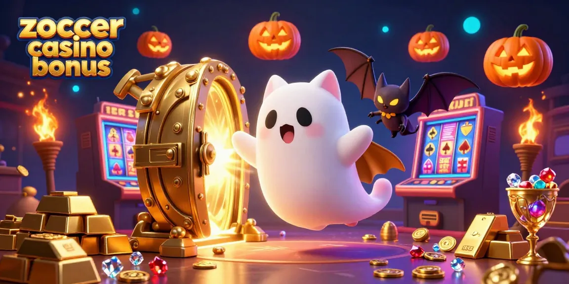 Experience the zoccer casino bonus with a lively ghost cat and golden treasures illuminating the casino scene.