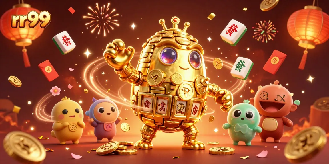Engage with rr99's dynamic gaming experience highlighted by a golden golem and festive decorations.