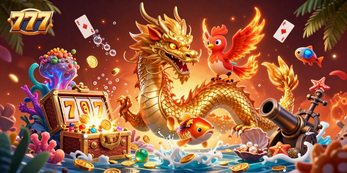 Experience the thrill of 777 slots with a fierce dragon, phoenix, and koi fish in a vibrant, dynamic casino scene.