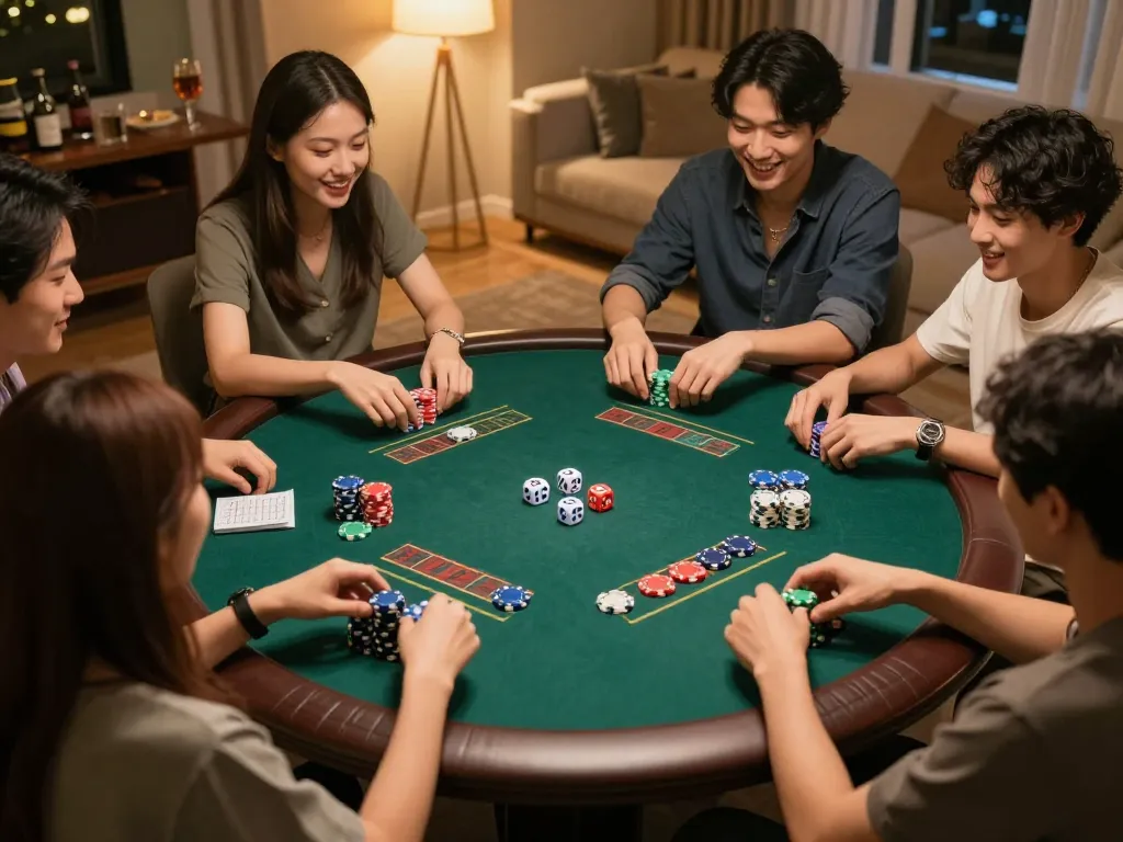 Engaging game of tài xỉu sunwin at home, friends celebrating a win with colorful chips and dice.