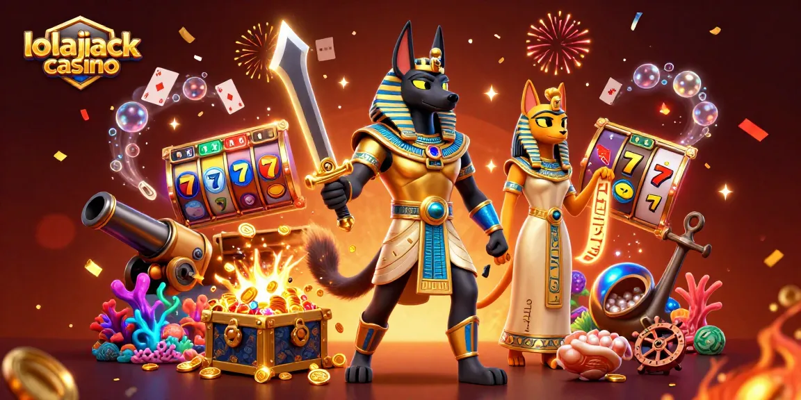 Experience the excitement of lolajack casino with Anubis and Bastet amidst vibrant gaming elements.