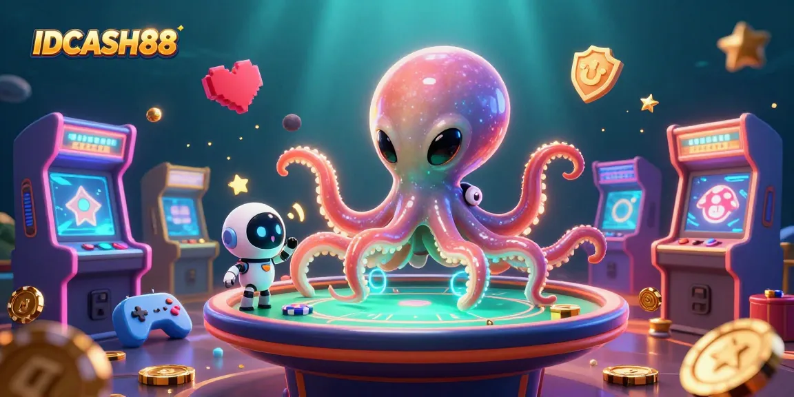Engage in exciting gameplay with IDCASH88 at a cosmic poker table, surrounded by vibrant gaming elements.