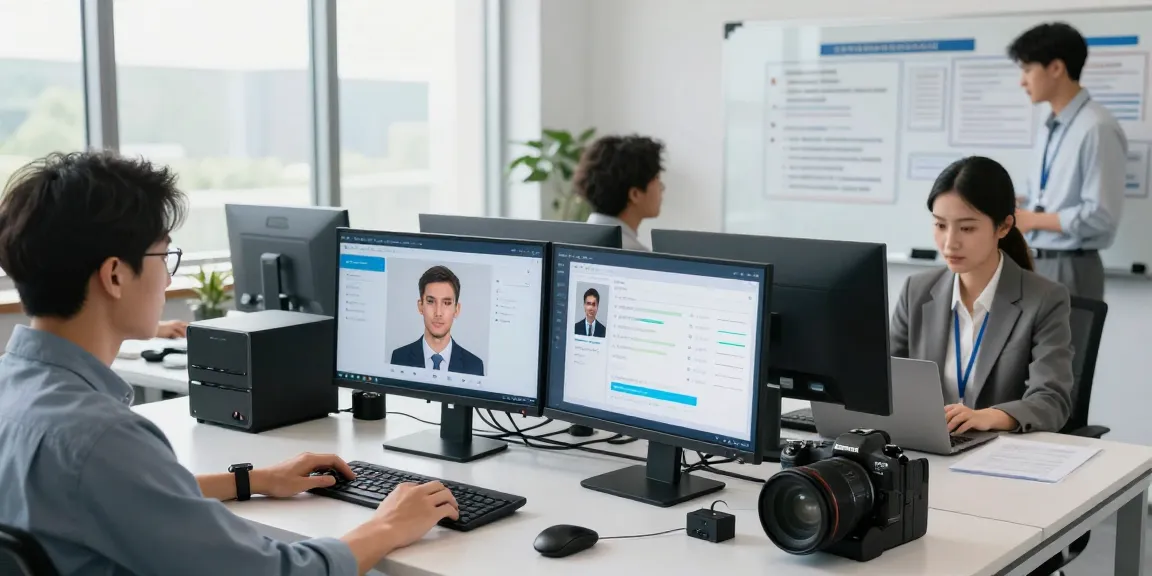 Age verification system in action with professionals analyzing biometric data and compliance regulations in a modern office.