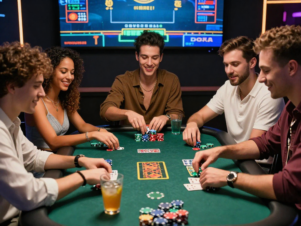 Un gruppo di amici gioca al casinò online non AAMS, circondato da fiches colorate e bevande in un'atmosfera festosa.