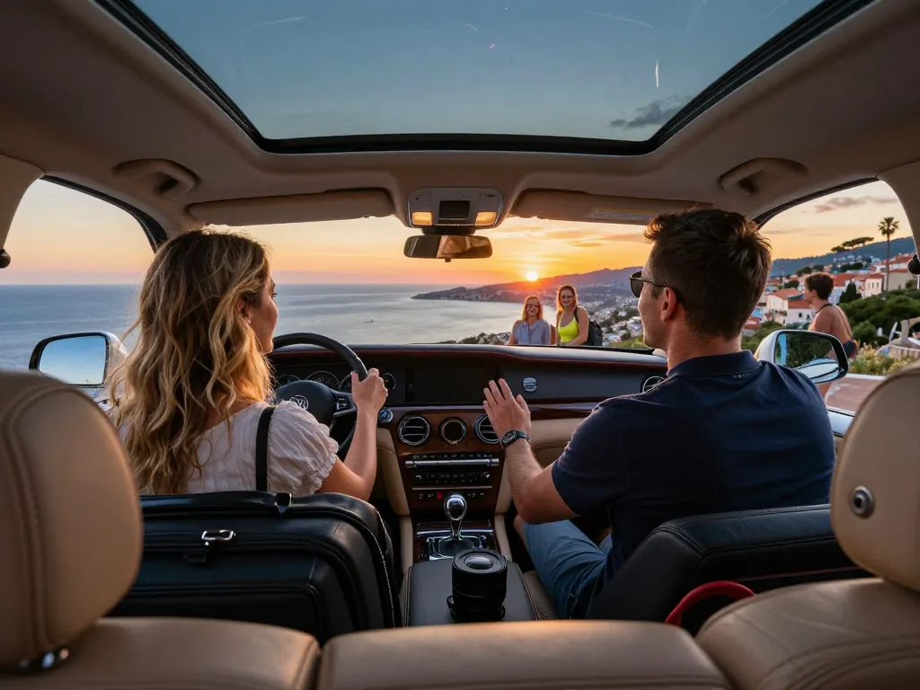 Taxis à Saint Tropez avec un intérieur luxueux accueillant les voyageurs lors d'une route côtière pittoresque au coucher du soleil.