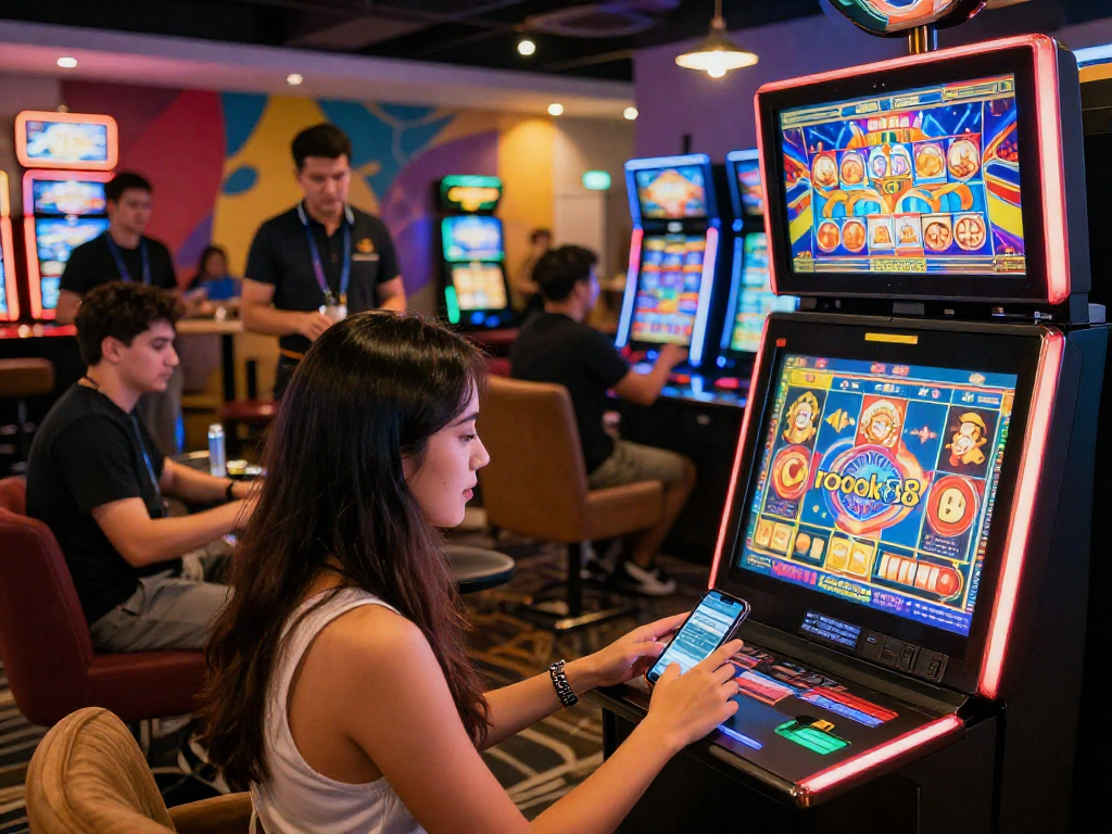 Engaged players enjoying games at rokok88 modern online casino, illuminated screens, vibrant atmosphere.