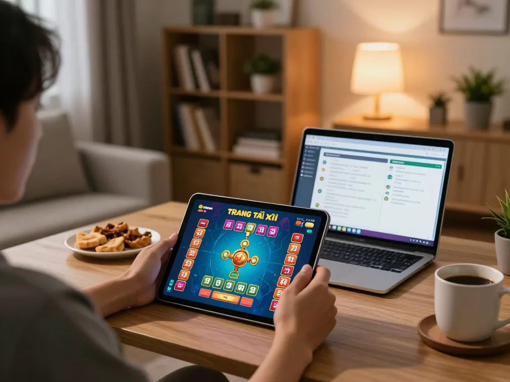Engaging in Trang tài xỉu online gameplay on a tablet in a cozy home environment.