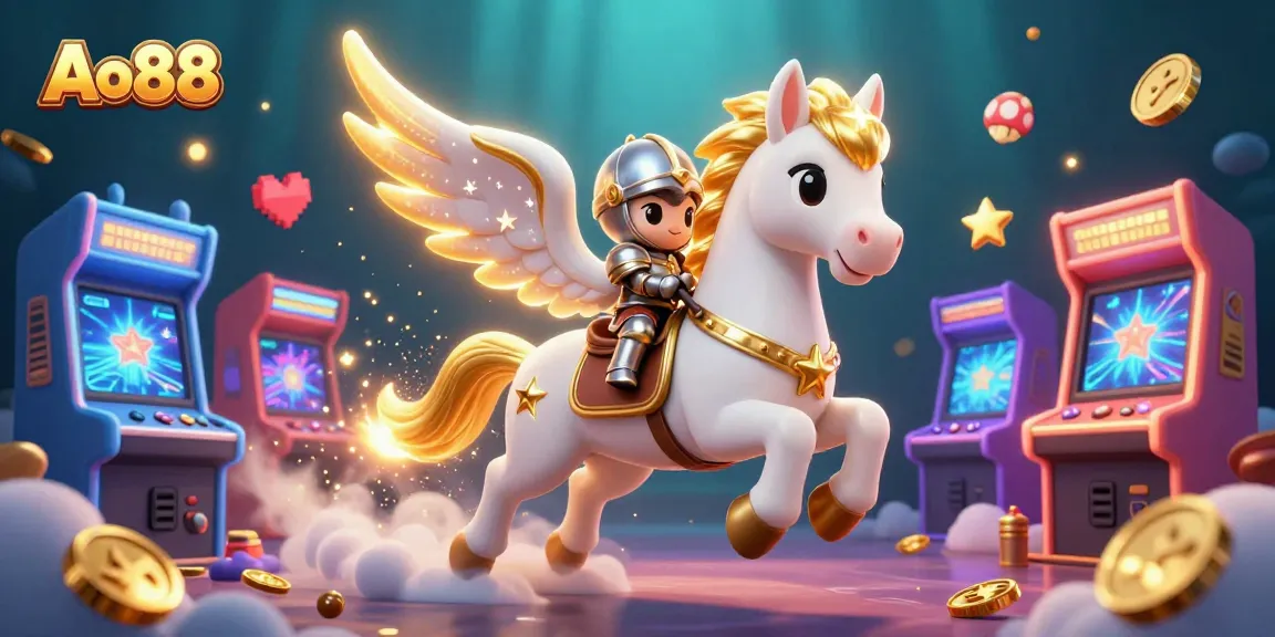 Engage in thrilling casino action with Ao88 as a celestial horse gallops amidst colorful gaming elements.